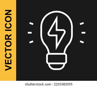 White line Creative lamp light idea icon isolated on black background. Concept ideas inspiration, invention, effective thinking, knowledge and education.  Vector