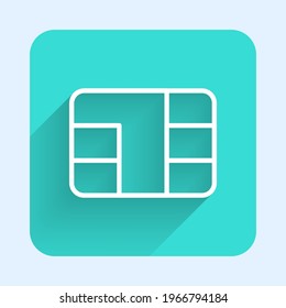 White line Credit card with chip icon isolated with long shadow. Contactless payment. Green square button. Vector Illustration