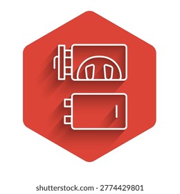 White line Crematorium icon isolated with long shadow. Red hexagon button. Vector