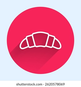 White line Croissant icon isolated with long shadow background. Red circle button. Vector