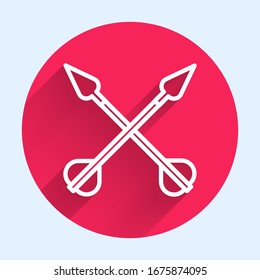 Icono de flechas cruzadas de línea blanca aislado con una sombra larga. Botón de círculo rojo.  Ilustración vectorial