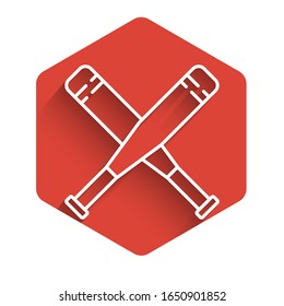 White line Crossed baseball bat icon isolated with long shadow. Red hexagon button. Vector Illustration