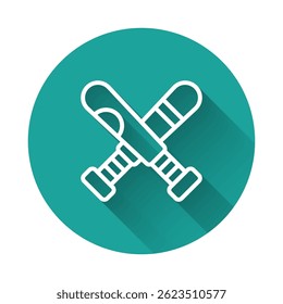White line Crossed baseball bat icon isolated with long shadow background. Green circle button. Vector
