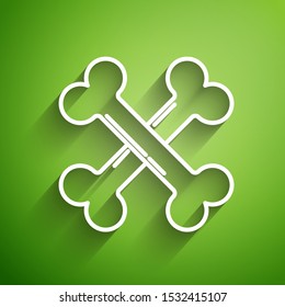 White line Crossed bones icon isolated on green background. Pets food symbol. Happy Halloween party.  Vector Illustration