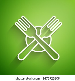 White line Crossed fork icon isolated on green background. Cutlery symbol.  Vector Illustration