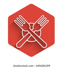 White line Crossed fork icon isolated with long shadow. Cutlery symbol. Red hexagon button. Vector Illustration