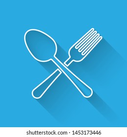 White line Crossed fork and spoon icon isolated with long shadow. Cooking utensil. Cutlery sign.  Vector Illustration