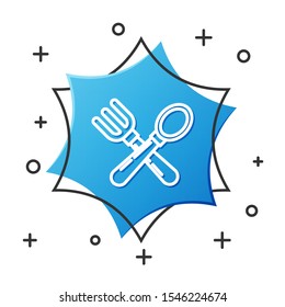 White line Crossed fork and spoon icon isolated on white background. Cooking utensil. Cutlery sign. Blue hexagon button. Vector Illustration