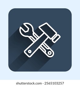 White line Crossed hammer and wrench spanner icon isolated with long shadow background. Hardware tools. Blue square button. Vector