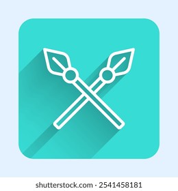 Weiße Linie Kreuz mittelalterliche Speere Symbol einzeln mit langem Schatten. Mittelalterliche Waffe. Grüner Knopf. Vektorgrafik