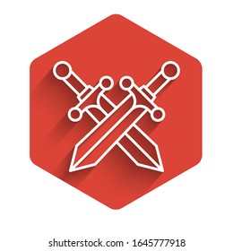 Línea blanca Cruza un icono de espada medieval aislado con una larga sombra. Botón hexágono rojo.  Ilustración vectorial