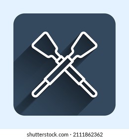 White line Crossed oars or paddles boat icon isolated with long shadow background. Blue square button. Vector