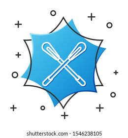 White line Crossed paddle icon isolated on white background. Paddle boat oars. Blue hexagon button. Vector Illustration