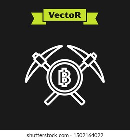 White line Crossed pickaxe icon isolated on black background. Blockchain technology, cryptocurrency mining, bitcoin, altcoins, digital money market.  Vector Illustration