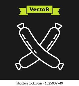 White line Crossed sausage icon isolated on black background. Grilled sausage and aroma sign.  Vector Illustration
