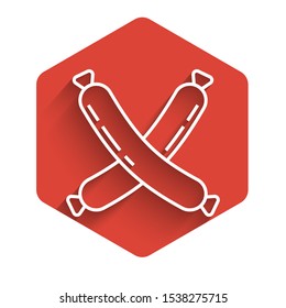White line Crossed sausage icon isolated with long shadow. Grilled sausage and aroma sign. Red hexagon button. Vector Illustration