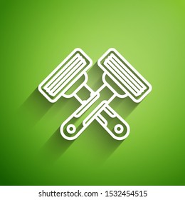 White line Crossed shaving razor icon isolated on green background.  Vector Illustration