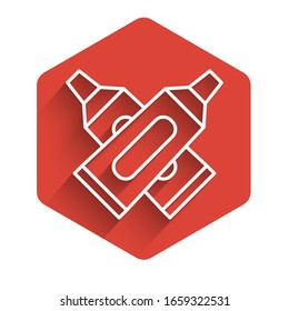 White line Crossed tube of toothpaste icon isolated with long shadow. Red hexagon button. Vector Illustration