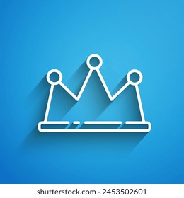 Línea blanca Icono de la corona aislado sobre fondo azul. Sombra larga. Ilustración vectorial