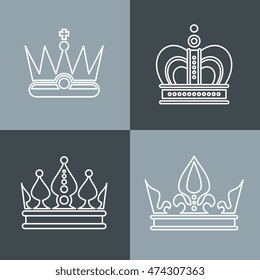 White line crown icons on gray background. Set of linear crowns. Vector illustration