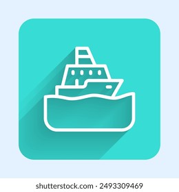 Línea blanca Icono de crucero aislado con sombra larga. Turismo de viajes y transporte náutico. Barco de pasajeros de viaje, crucero. Crucero mundial. Botón cuadrado verde. Vector