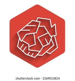 White line Crumpled paper ball icon isolated with long shadow. Red hexagon button. Vector Illustration