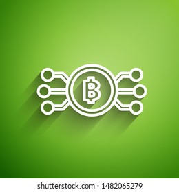 White line Cryptocurrency bitcoin in circle with microchip circuit icon isolated on green background. Blockchain technology, digital money market.  Vector Illustration