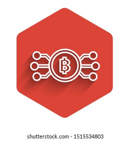White line Cryptocurrency bitcoin in circle with microchip circuit icon isolated with long shadow. Blockchain technology, digital money market. Red hexagon button. Vector Illustration