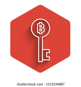 White line Cryptocurrency Bitcoin key icon isolated with long shadow. Concept of cyber security or digital key with technology interface. Red hexagon button. Vector Illustration