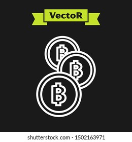 White line Cryptocurrency coin Bitcoin icon isolated on black background. Physical bit coin. Blockchain based secure crypto currency.  Vector Illustration