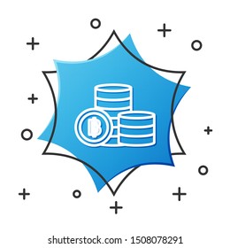 White line Cryptocurrency coin Bitcoin icon isolated on white background. Blockchain technology, bitcoin, digital money market, cryptocoin wallet. Blue hexagon button. Vector Illustration