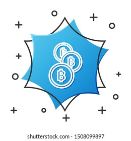 White line Cryptocurrency coin Bitcoin icon isolated on white background. Physical bit coin. Blockchain based secure crypto currency. Blue hexagon button. Vector Illustration