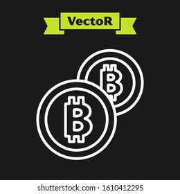 White line Cryptocurrency coin Bitcoin icon isolated on black background. Physical bit coin. Blockchain based secure crypto currency.  Vector Illustration