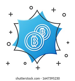 Weiße Linie Kryptowährung-Münze Bitcoin Symbol einzeln auf weißem Hintergrund. Physikalische Bitmünze. Blockchain-basierte sichere Kryptowährung. Blauer Hexagon-Knopf. Vektorillustration-Illustration