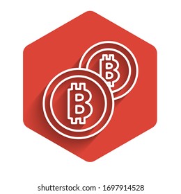 White line Cryptocurrency coin Bitcoin icon isolated with long shadow. Physical bit coin. Blockchain based secure crypto currency. Red hexagon button. Vector Illustration