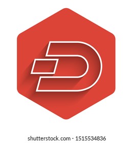 White line Cryptocurrency coin Dash icon isolated with long shadow. Digital currency. Altcoin symbol. Blockchain based secure crypto currency. Red hexagon button. Vector Illustration