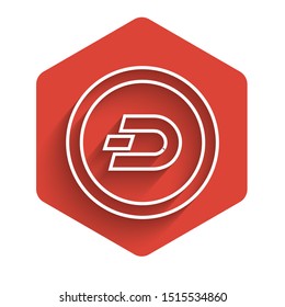 White line Cryptocurrency coin Dash icon isolated with long shadow. Digital currency. Altcoin symbol. Blockchain based secure crypto currency. Red hexagon button. Vector Illustration