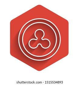 White line Cryptocurrency coin Ripple XRP icon isolated with long shadow. Altcoin symbol. Blockchain based secure crypto currency. Red hexagon button. Vector Illustration