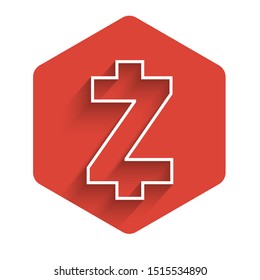 White line Cryptocurrency coin Zcash ZEC icon isolated with long shadow. Altcoin symbol. Blockchain based secure crypto currency. Red hexagon button. Vector Illustration