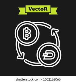 White line Cryptocurrency exchange icon isolated on black background. Bitcoin to Dash exchange icon. Cryptocurrency technology, mobile banking.  Vector Illustration