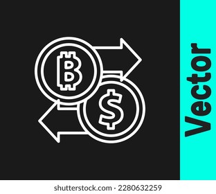 Weiße Linie Kryptowährungssymbol einzeln auf schwarzem Hintergrund. Bitcoin-Dollar-Wechselsymbol. Kryptowährungstechnologie, Mobile Banking.  Vektorgrafik