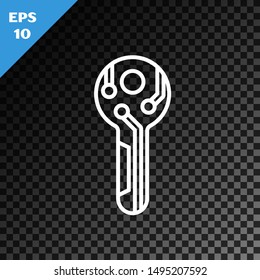 White line Cryptocurrency key icon isolated on transparent dark background. Concept of cyber security or private key, digital key with technology interface.  Vector Illustration