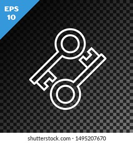 White line Cryptocurrency key icon isolated on transparent dark background. Concept of cyber security or private key, digital key with technology interface.  Vector Illustration