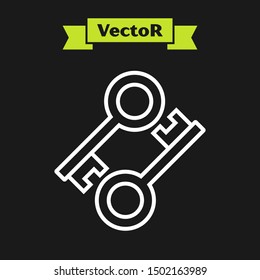 White line Cryptocurrency key icon isolated on black background. Concept of cyber security or private key, digital key with technology interface.  Vector Illustration