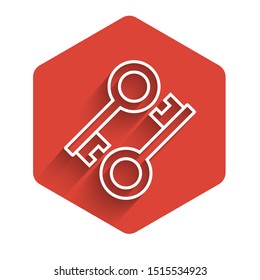 White line Cryptocurrency key icon isolated with long shadow. Concept of cyber security or private key, digital key with technology interface. Red hexagon button. Vector Illustration