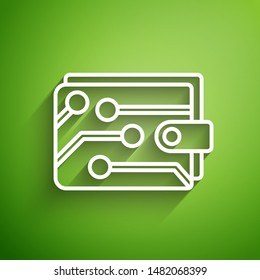 White line Cryptocurrency wallet icon isolated on green background. Wallet and bitcoin sign. Mining concept. Money, payment, cash, pay icon.  Vector Illustration