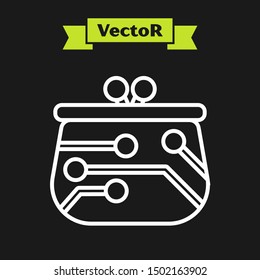 White line Cryptocurrency wallet icon isolated on black background. Wallet and bitcoin sign. Mining concept. Money, payment, cash, pay icon.  Vector Illustration