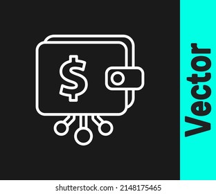 Icono de la cartera de criptodivisa blanca aislado en fondo negro. Signo de cartera y bitcoin. Concepto de minería. Dinero, pago, efectivo, icono de pago.  Vector