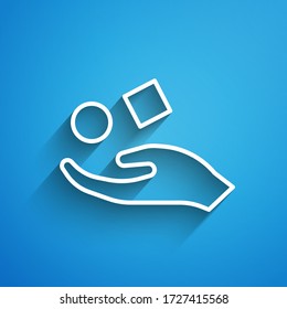 White line Cube levitating above hand icon isolated on blue background. Levitation symbol. Long shadow. Vector Illustration