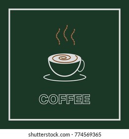 The white line cup of coffee and smoke coffee beans on green background, coffee logo banner concept.